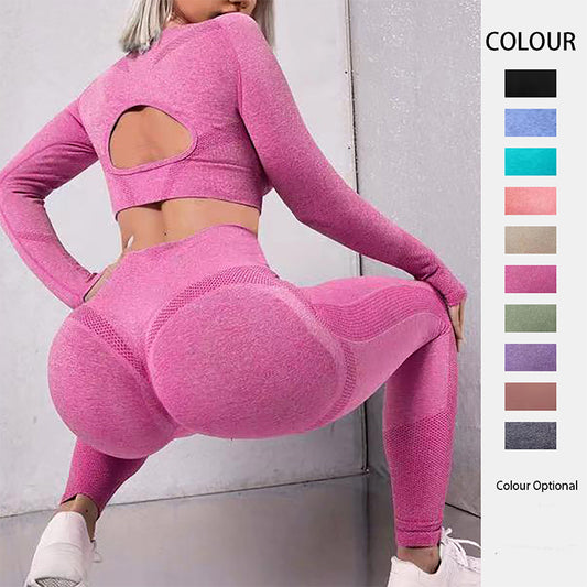 2pcs Sports Suits Long Sleeve Hollow Design Tops And Butt Lifting High Waist Seamless Fitness Leggings Sports Gym Sportswear Outfits Clothing - Boutique Beauté & Santé